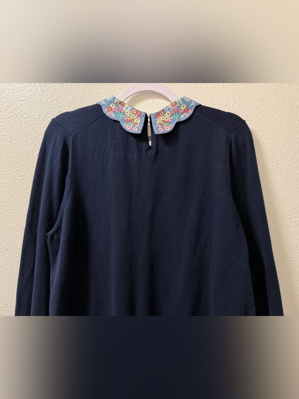 Boden Colette Sweater Floral Embroidered Scalloped Collar Stretch Blue Womens XL - Picture 6 of 9